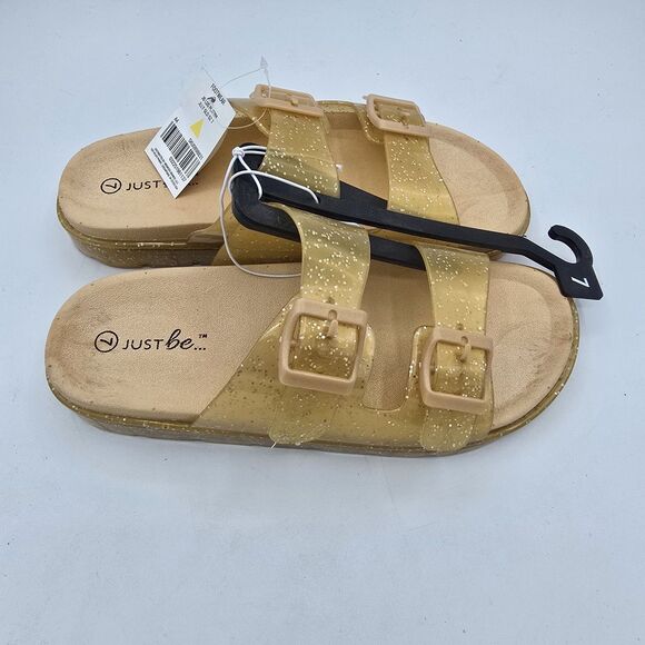 JUST be Shoes Womens Size 7 Gold Glitter Buckle Sandals Beach SlipOn Brand New - Picture 2 of 6